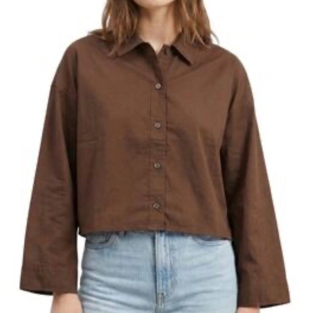 Everlane Brown Long Sleeve Button Down Cropped Cotton PJ Top Blouse Sz XS - Picture 3 of 12